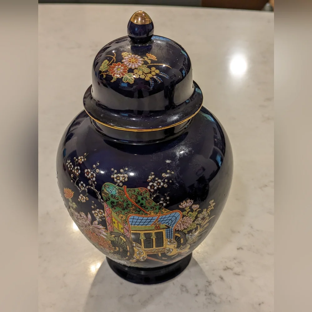 Vintage Blue & Black Cobalt Japanese Vase Pottery Japan Porcelain Vase With 22 K